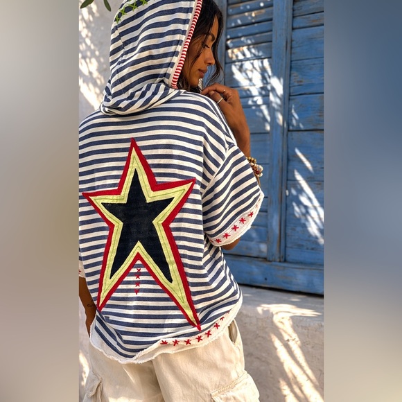 FBC Studio Tops - Oversized Organic Cotton Hooded Top, Star Appliqué Striped Boho Unisex Hoodie